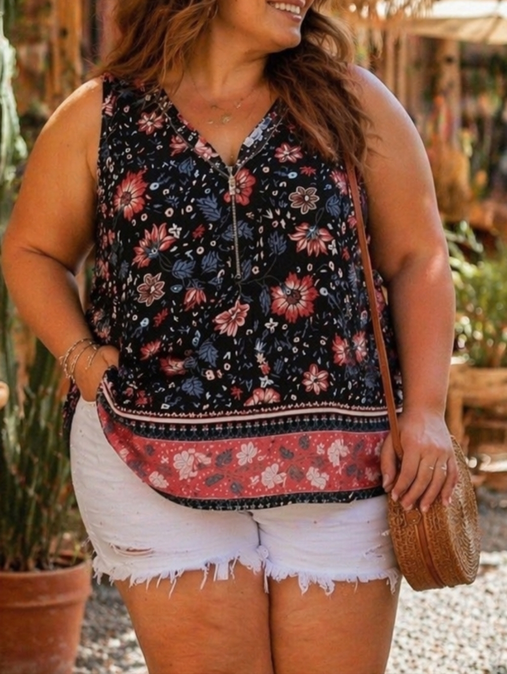 Ricki’s Black Floral Sleeveless V-Neck Zip Front Blouse Boho Casual Summer Top
